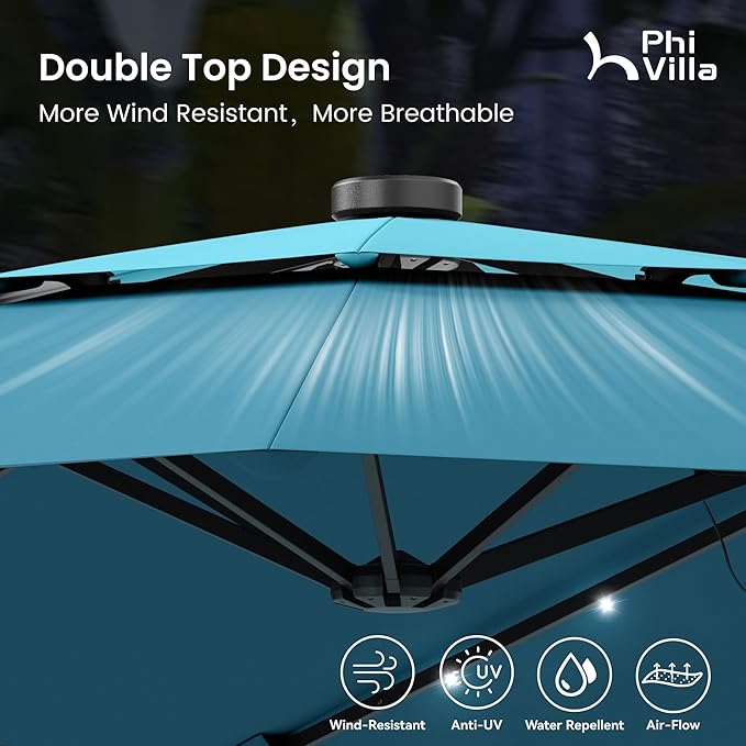 PHI VILLA 15ft 2-Tier Large Patio Umbrella with Solar Lights, Double-Sided Outdoor Market Rectangle Umbrellas with 36 LED Lights, Umbrella Base (Stand) Included, Blue&Cerulean