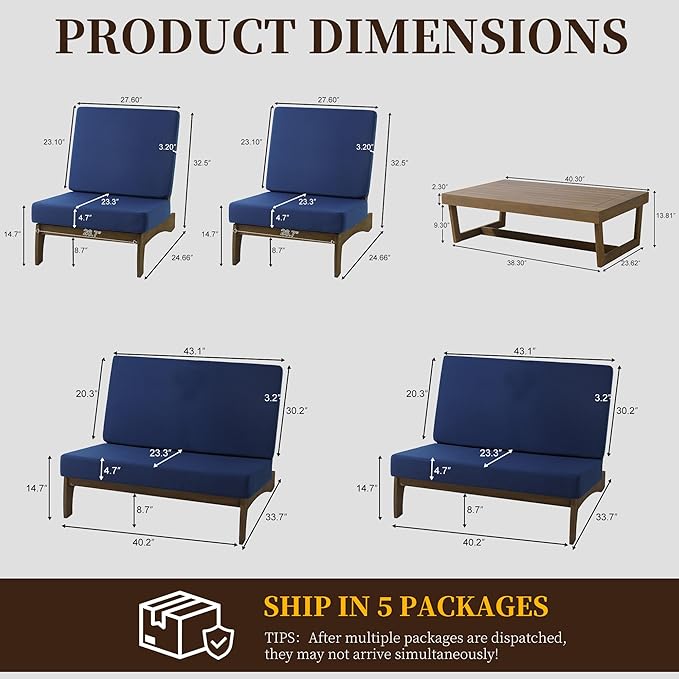 UIXE 5 Pieces Wood Patio Furniture Sets, 2 Patio Loveseat, 2 Patio Bistro Chair, All Weather Outdoor Sectional Sofa Furniture Backyard Conversation Set with Coffee Table - Navy
