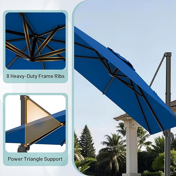 AreShark 10 × 10FT Square Cantilever Patio Umbrella with Base Included, 360° Rotation Offset Outdoor Umbrella, 5 Tilt Settings Heavy Duty Hanging Parasol for Deck Garden Pool, Royal Blue