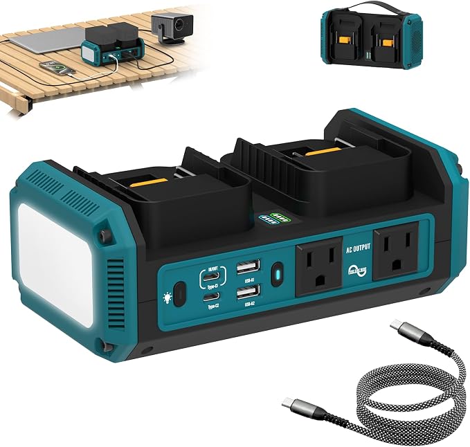 Kzreect 350W Pure Sine Wave Power Inverter Compatible with Makita 18V Batteries (Battery Not Included), Dual-Battery Auto-Switch, DC 18V to AC 120V, 140W USB-C PD, 600lm LED Light