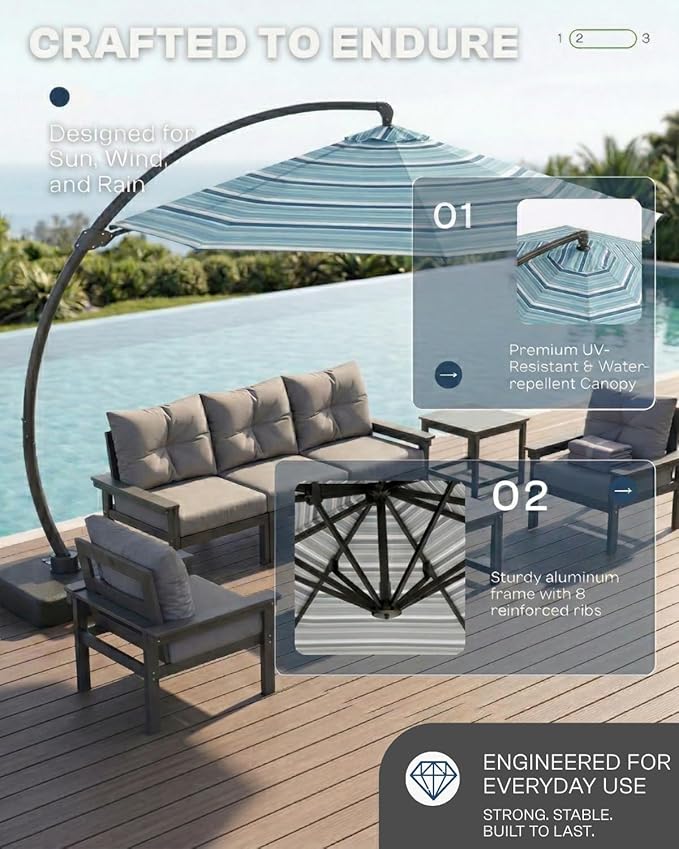 12 FT Cantilever Umbrella with Base Included, Large Round 360° Rotation Offset Umbrella Outdoor Patio, Heavy Duty Aluminum Frame, Sand-Weighted Stand, for Deck, Backyard, Pool, Garden (Blue and green stripes)