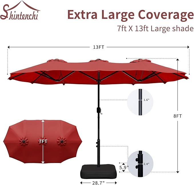 Shintenchi 13FT Large Patio Umbrella with Base Included, Outdoor Double-Sided Rectangular Shade with Crank Handle for Poolside Lawn, Deck & Garden, Red