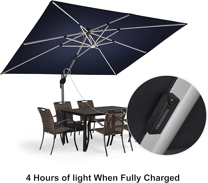 PURPLE LEAF 9' X 12' Solar Powered LED Rectangle Cantilever Umbrella With Base Patio Umbrellas Windproof Hanging Umbrellas Outdoor Umbrellas Offset Umbrella, Navy Blue