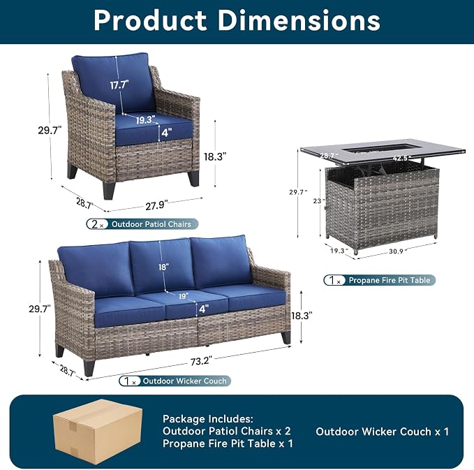 Patio Furniture Set with 42.5" Fire Pit Table-4 Pieces All Weather Wicker Outdoor Furniture with High Back Wicker Patio Chairs Set of 2 Outdoor Couch for Deck Backyard Blue/Gray