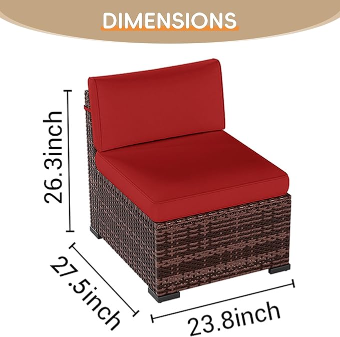 UDPATIO Patio Furniture Set, Modular Outdoor Sectional with 105°Slanted Back, 5 Pieces Rattan Conversation Set for Poolside, Backyard, Deck, with Coffee Table, Waterproof Cover, Red