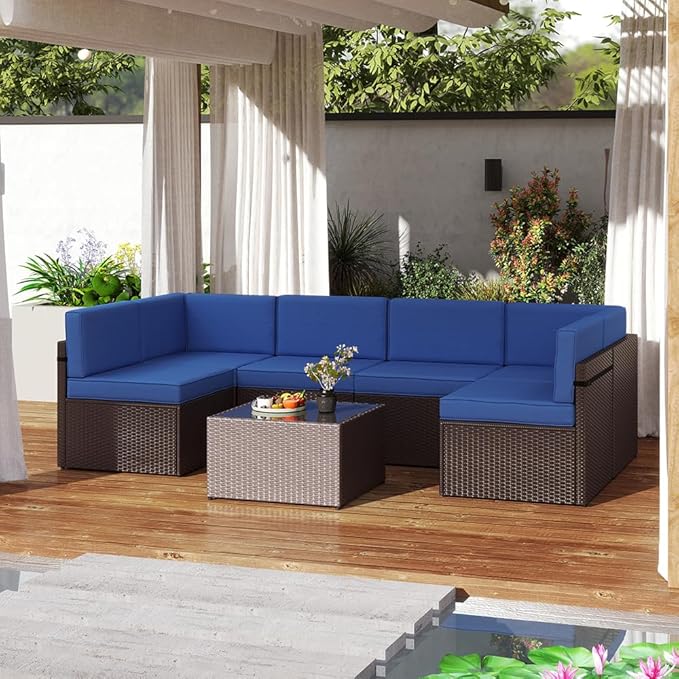 FIZZEEY 7 PCs Outdoor Patio Furniture PE Wicker Rattan Sectional Conversation Sofa Set, Dark Blue