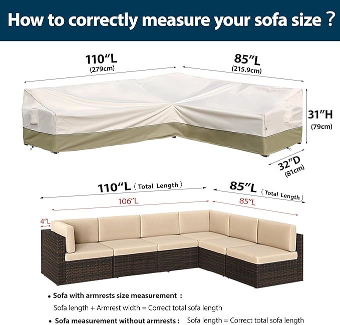 Outdoor Sectional Cover-L-Shaped Patio Furniture Covers Waterproof Rip-Stop Anti-UV 600D Outdoor Sofa Couch Cover with 3 Air Vents 110''L (85''L) 32''D 31''H