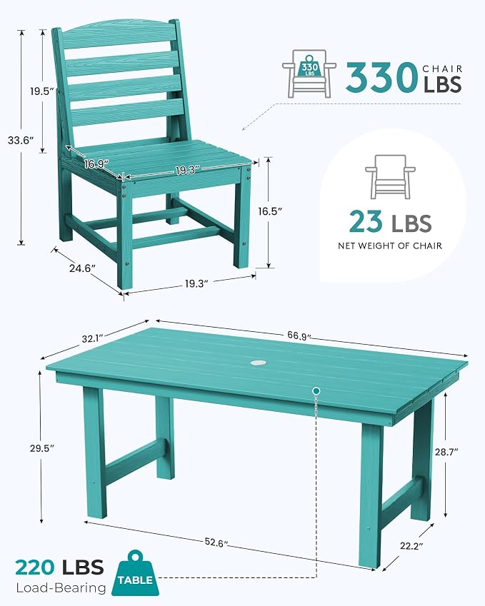 SERWALL 7-Pc HDPE Patio Dining Set, 1 Table & 6 Armless Chairs, Aruba | HDPE Outdoor Dining Set with Rectangular Table & 6 Armless Chairs, All-Weather Resistant SERWALL Dining Set for 6