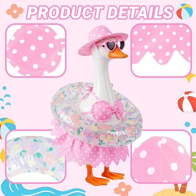 hoyuwak Bikini Goose Outfits Summer Hawaiian Porch Goose Outfits with Swimming Ring Sunglasses Hat for 23" Geese Yard Decor