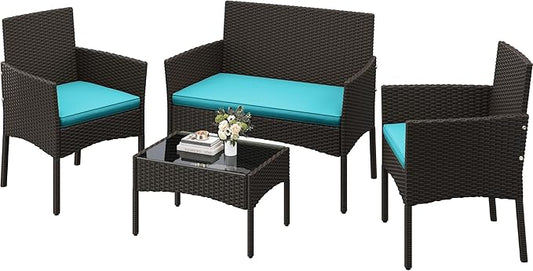 Yaheetech Patio Furniture Set 4 Pieces Conversation Sets, Rattan Chair Wicker Set Loveseat with Soft Cushion and Glass Table for Backyard Porch Garden Poolside Balcony, Brown and Cyan