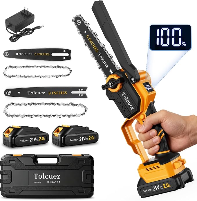 2 in 1 Mini Chainsaw Cordless,6 Inch & 8 Inch Electric Chainsaw with Digital Display,Brushless Motor Battery Powered Chainsaw,Handheld Saw for Tree Branches and Garden Cutting