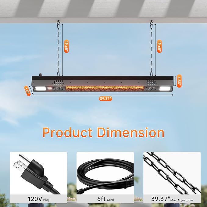 Wall-Mounted Electric Heater Hanging Patio with Light Ceiling Outdoor, 1500W Infrared 9 Heat Levels, 24H Timers, 1s Heating Carbon Fiber Tube Wall Heater for Backyard, Garage