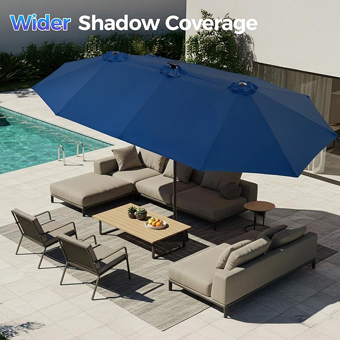 SUPERJARE 13ft Outdoor Patio Umbrella with Solar Lights, Double-sided Deck Pool Umbrella with 1.5 Inch Pole, Fade Resistant Canopy, 12 Sturdy Ribs, for Porch, Market, Backyard, Navy Blue(No Base)