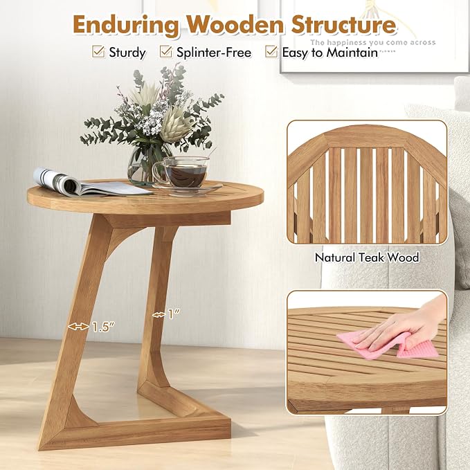 Giantex Teak Wood Outdoor Side Table, Round Patio End Table with Slatted Tabletop, Waterproof Sofa and Couch Side Table for Porch, Poolside, Living Room, Small Spaces, Easy Assembly, Natural