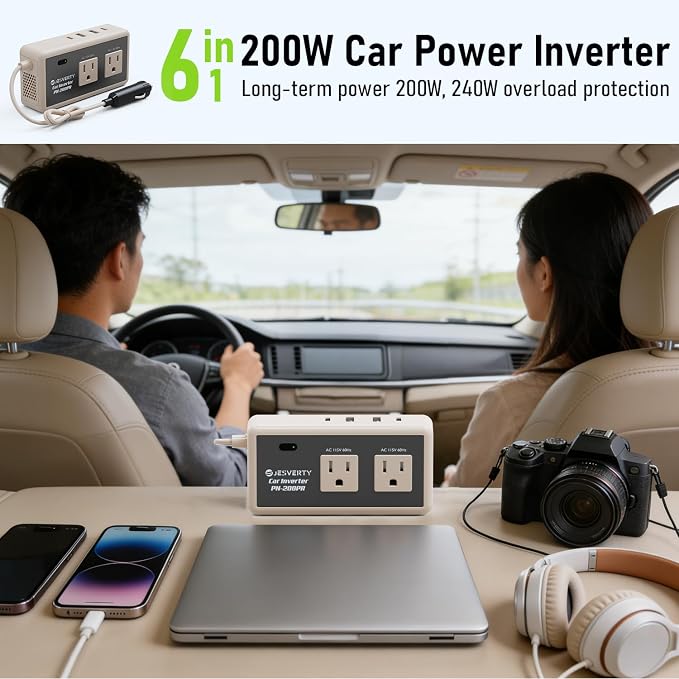 200W Car Power Inverter DC 12V to 110V AC, 30W USB-C & 20W USB-A Fast Charging, 2 AC Outlets for Laptop, Phone, Tablet, Game Console - Compatible with 12V Cigarette Lighter Socket