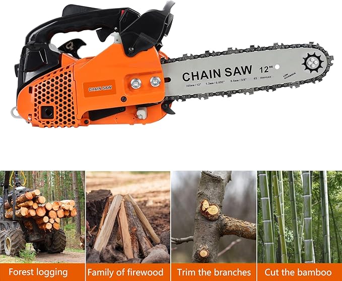 Gas Chainsaw, 12 Inch Top Handle Chainsaw, 25.4CC 2-Cycle Handheld Cordless Petrol Portable Gas Powered Chain Saw for Tree Wood Cutting Orange