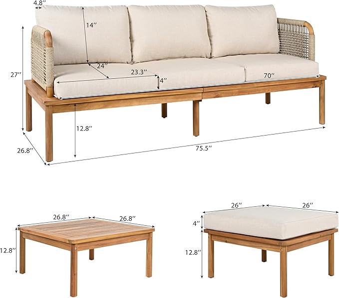 Christopher Knight Home Coby 3-Piece Acacia Wood Patio Furniture Set, Outdoor Conversation Sofa Set with Coffee Table and Ottoman, Patio Sectional Chat Set for Backyard or Balcony, Teak+Beige