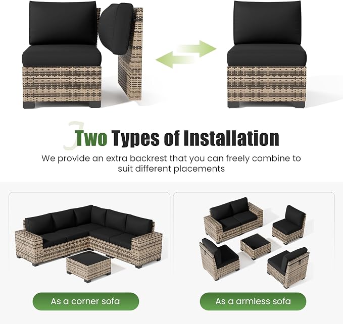 Amopatio 6 Piece Patio Furniture Set with 8" Armrest & 4" Thiken Cushion, Outdoor Wicker Rattan Sectional Sofa Conversation Set for Backyard, Garden, Poolside(Black Cushion)