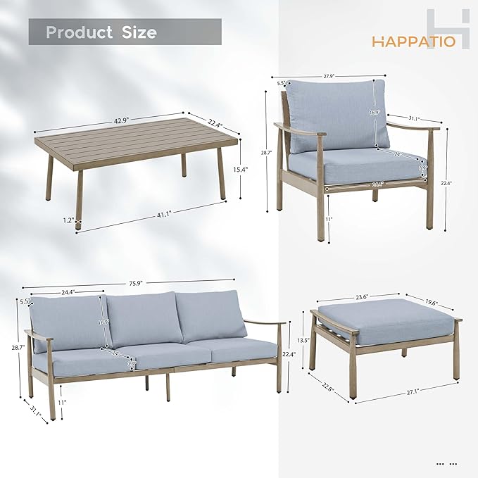HAPPATIO Patio Outdoor Furniture Set - 6 Pieces Aluminum Outdoor Conversation Set with 1 Three-Seater Sofa, 1 Coffee Table, 2 Armchairs, and 2 Ottomans for Yard, Porch, and Deck (Brown)