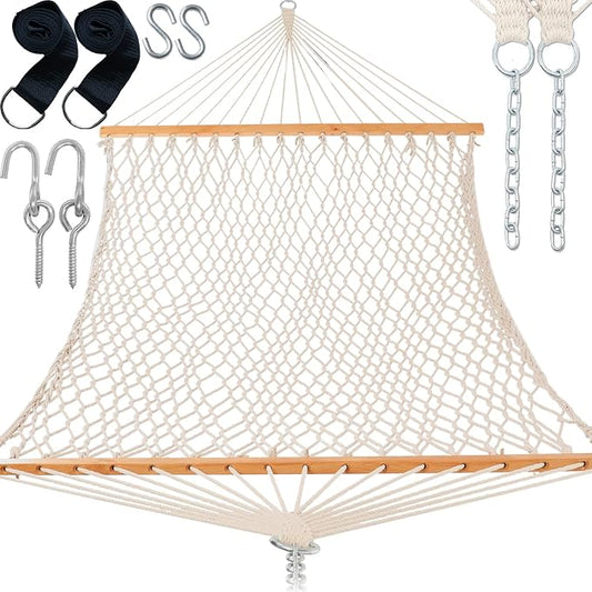 Gafete Rope Hammocks Swing with 5ft Tree Straps, Traditional Hand Woven Cotton 52" Double Hammock with Free Chains & Straps & Hooks & Hardwood Spreader Bar for Outside Outdoor, Max 450Lbs (Natural)