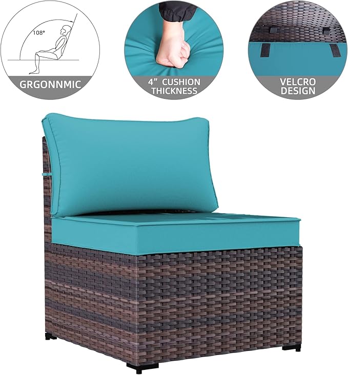 9 Pieces Outdoor Patio Furniture Sets,Wicker Conversation Set Sectional Sofa,Includes 8 All-Weather High Back PE Rattan Seating Components w/Thickened Cushions&Coffee Table,Green Blue