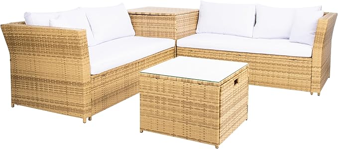 SAFAVIEH Outdoor Collection Helga Natural/White Wicker Conversation Patio Set