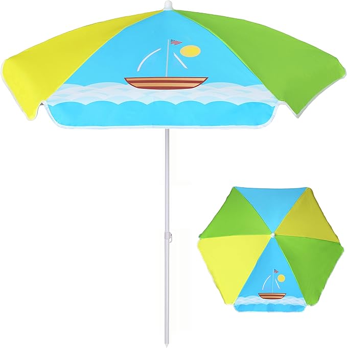AMMSUN 5ft Seaside Umbrella for Sand Box Water Table - Kids Durable Umbrellas for children Picnic Beach Camping Garden Outdoor Play Shade (5ft Green Yellow Boat)