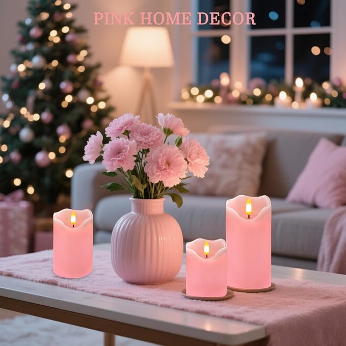 VEEKI Flameless Candles Light, Set of 3 Flickering LED Candle with Remote & Timer, Dimmable Electric Pillar Candles Battery Operated, Pink Candles for Valentine's Day Xmas Home Decor (3PC)
