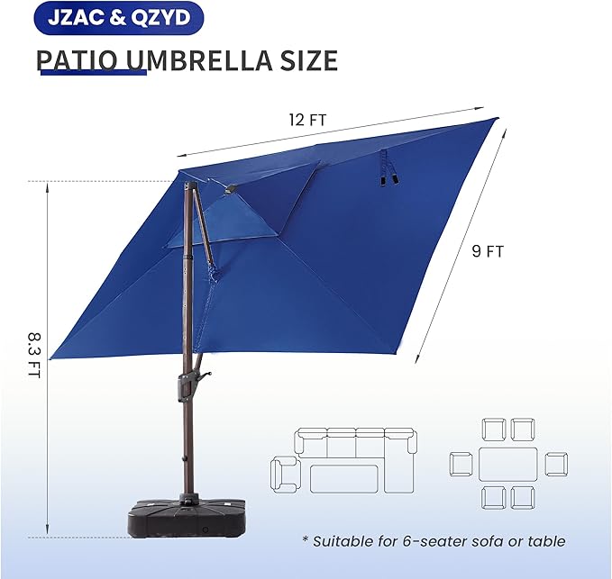 JZAC & QZYD 9x12 FT Outdoor Cantilever Patio Umbrella with Base Included and LED Lights, Large Heavy Duty 2-Tier Aluminum Offset Umbrellas with 360-Degree Rotation for Pool Deck, Navy