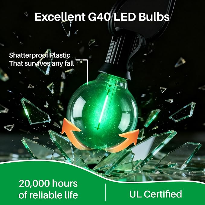 50 FT Green Outdoor String Lights,26 Plastic Edison Bulbs, E12 Base | G40 globe shatterproof bulbs, IP65 waterproof, dimmable LED, for backyard porch balcony party decor
