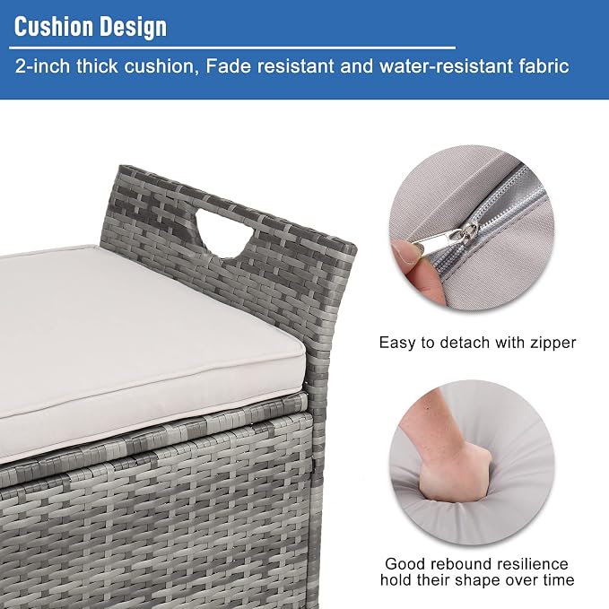 Outvita Outdoor Storage Box, Patio Rattan Storage Bench with Cushion for Backyard, Balcony, Poolside, Garden (Gray)