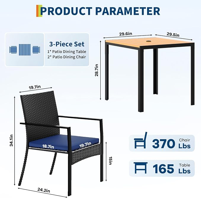 3 Piece Patio Dining Set, Wicker Outdoor Table and Chairs with Umbrella Hole ＆ Soft Cushion, Patio Furniture Set for Backyard, Garden, Poolside, Deck - Black＆Blue