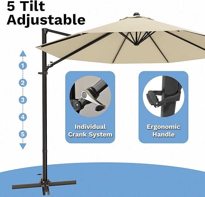 Devoko 10ft Cantilever Patio Umbrella, Round Large Outdoor Umbrella with 360-Degree Rotation, Hanging Offset Market Sun Umbrella, Easy Tilt and Heavy-Duty Frame, for Patio Backyard Garden, Beige