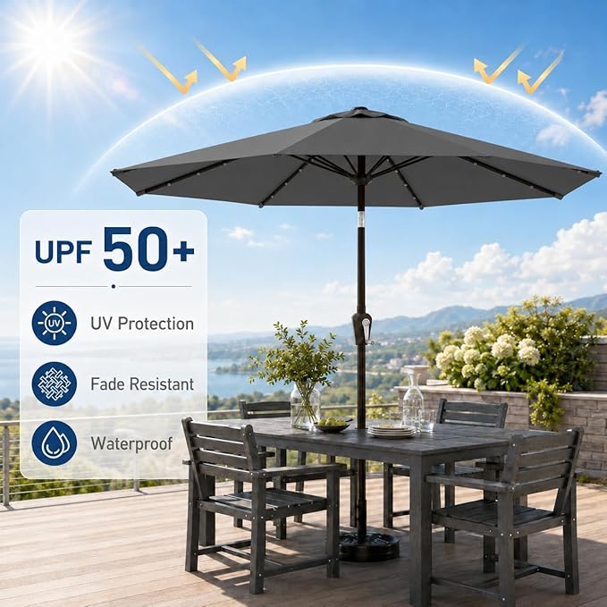 10FT Solar Patio Umbrella with Lights, Outdoor Table Market Umbrella with 32 LED Lights, 8 Sturdy Ribs, Push Button Tilt and Crank for Pool, Deck and Garden, UV-Resistant