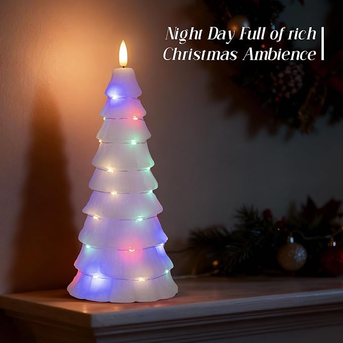 Christmas Tree Candles with Remote, Christmas Flameless Candles with Embedded Star String Fairy Lights, Real Wax Battery Operated Candles, Xmas Flameless Candles for Mantel Decor