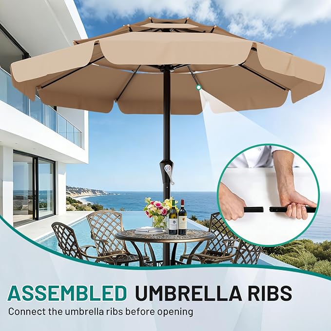 AreShark 11FT 3-Tiers Patio Umbrella with Valance, Outdoor with Crank, Large Outdoor Market Umbrellas Vented with 8 Sturdy Ribs, Patio Table Umbrellas for Garden, Deck, Backyard, Pool, Beige