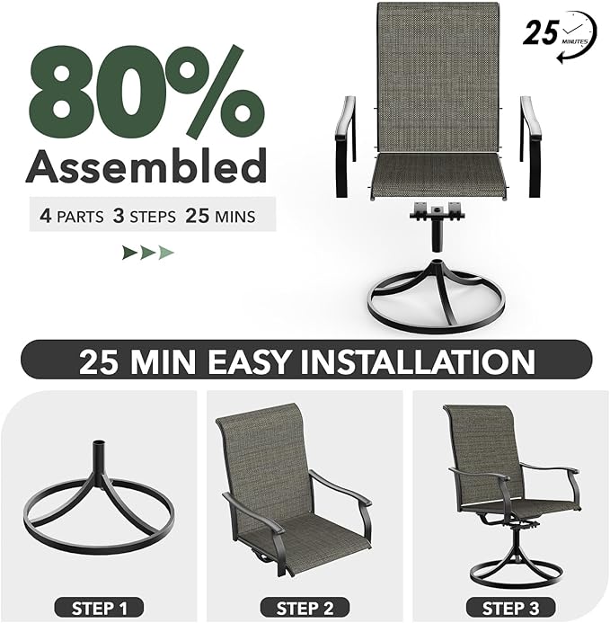 Anmutig 5 Piece Outdoor Glass Round Table and Chairs Set for 4 Person with 41 inch Patio Table, Tan Grey Textilene Retro Armrest Swivel Rocker Chairs - Style1