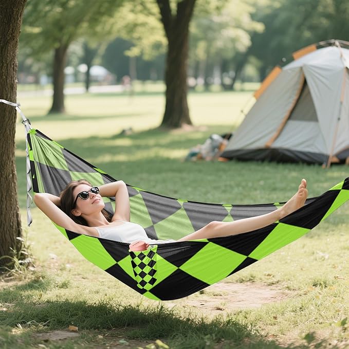 Buffalo Plaid Yellow Green Black 330lb Capacity Outdoor Hammock with Tree Straps Hanging Hammock for Outside Patio Backyard Poolside hamaca con Base para adultos