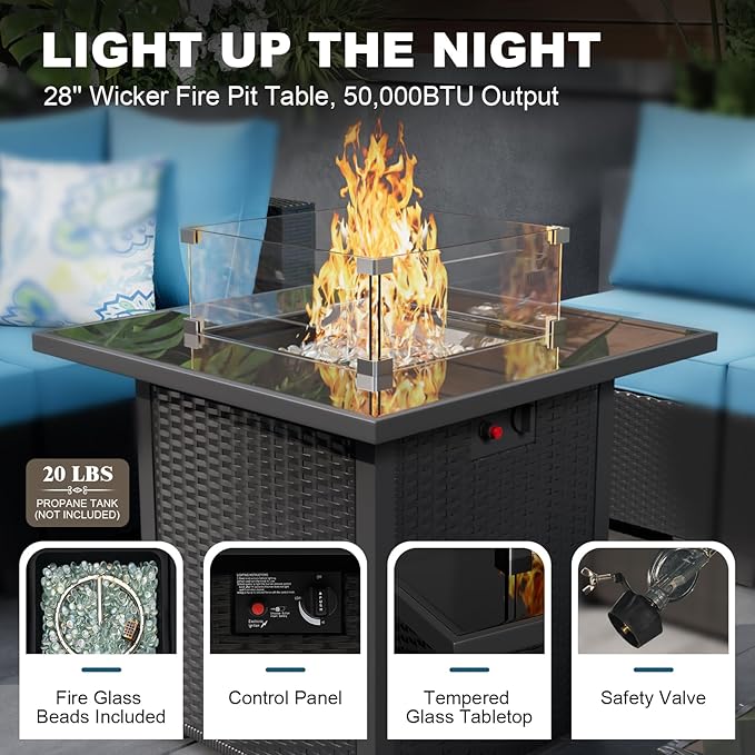 8 Piece Outdoor Patio Conversation Furniture Sets Sectional Wicker Set with 28in Fire Pit Table, 50000 BTU Propane Firepit for Garden Lawn Pool or Backyard, Coffee and Peacock Blue