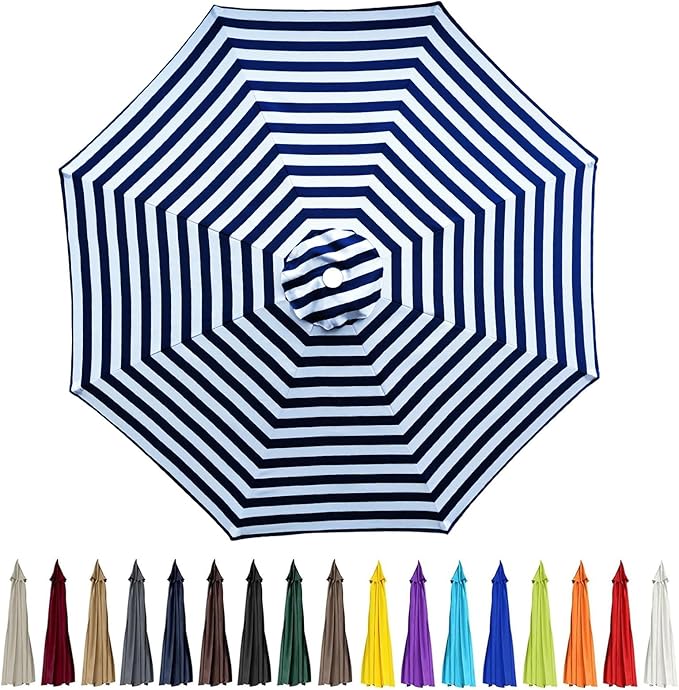 9ft Patio Umbrella Replacement Canopy for 8 Rib, Outdoor Table Market Yard Umbrella Replacement Top Cover (Canopy Only),Blue White
