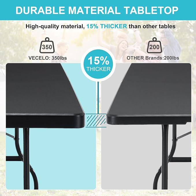 VECELO 6Ft Folding Picnic Table, Indoor Outdoor Plastic Portable Foldable Desk with Handle, Mesh Trash Bag&Lock Legs Heavy Duty for Camping, Dining, Party, Black
