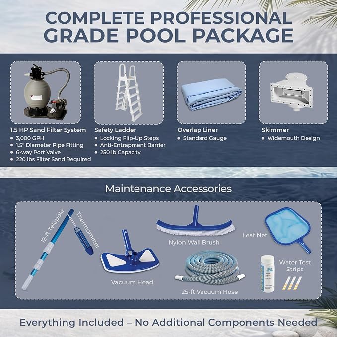 Blue Wave Martinique 21-ft Round 52-in Deep Hard Sided Above Ground Pool Kit with 7-in Steel Top Rails, Dual-Speed Sand Filter System, Ladder, Liner, Skimmer & Maintenance Kit – 9,900 Gallon Cap