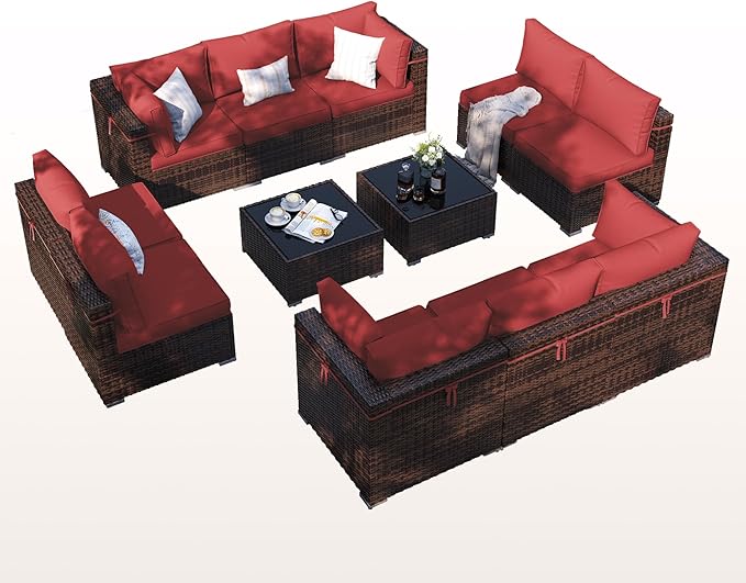 Patio Furniture Set, 12-Piece Outdoor Sectional with Waterproof Cover, All-Weather Wicker Patio Conversation Sets for Backyard (Brown with Red Cushion)