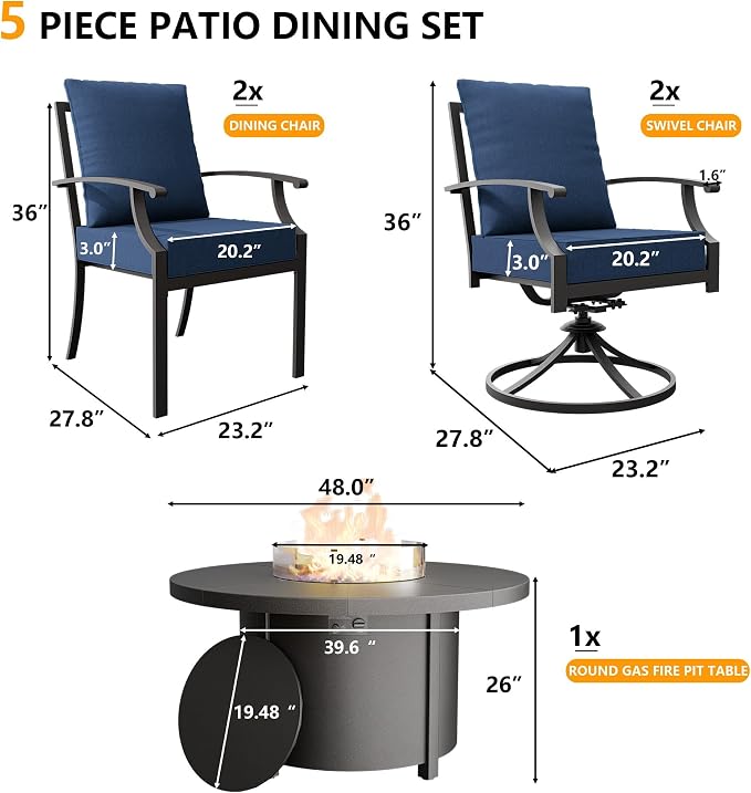Kullavik 5 Piece Metal Outdoor Patio Furniture Set with Fire Pit Table,Outdoor Dining Table Set with 2 Fixed Chairs,2 Swivel Chairs and 55000 BTU Outdoor Round Fire Pit,Navy Blue