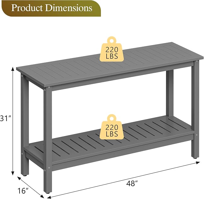 ZenStyle Solid Wood 48in 2-Shelf Console Table, Indoor Outdoor Plant Accent Table Storage Organizer w/Foot Sliders for Patio, Deck, Porch, Garden (Grey)
