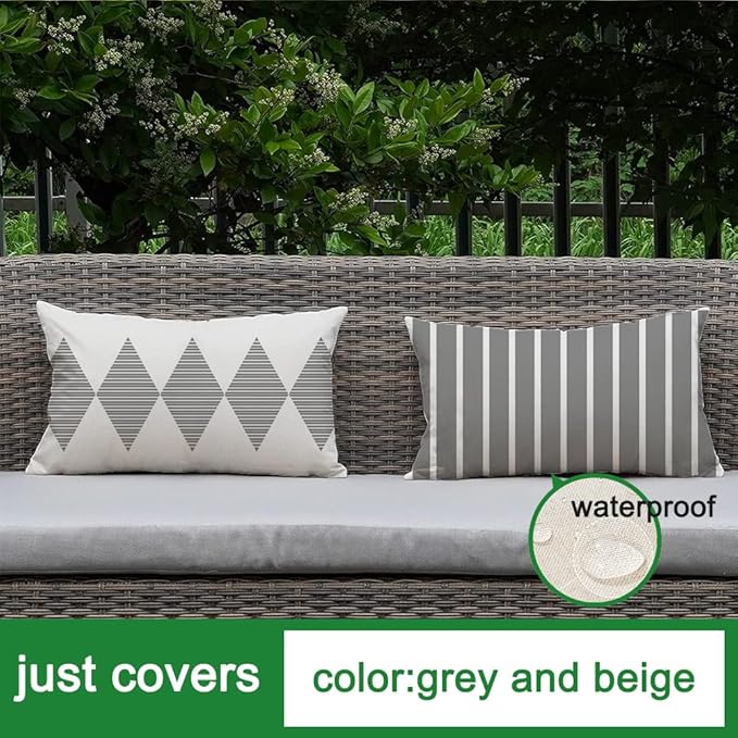 RABUSOFA Outdoor Pillows Covers 12x20 inch Waterproof,Grey and Beige Boho Lumbar Throw Cushion Case Set of 4 for Patio Furniture for Couch Sunbrella(Grey and Beige, 20" x 12" (Pack of 4))