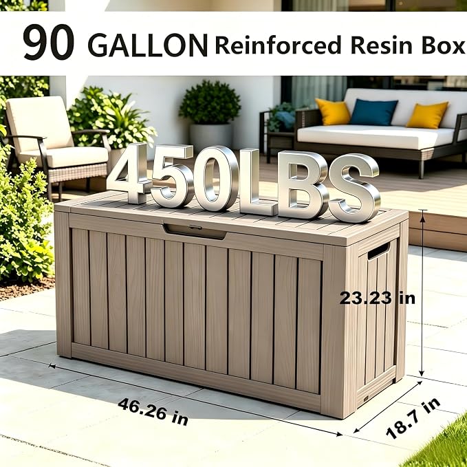 Outdoor Storage Box 90 Gallon, Patio Storage Box Waterproof & Lockable, Deck Box with Handles for Easy Move, Outside Storage Box for Garden Tools, Outdoor Cushion Storage - Grey