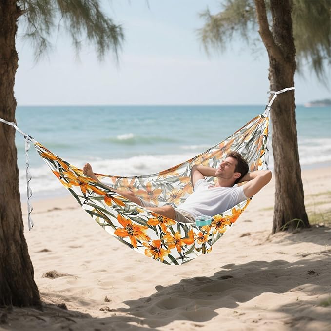 Camping Hammock Outdoor Hammocks for Outside Orange Floral Flowers Beach Trees Portable Lightweight with Pockets Tree Straps Indoor Small