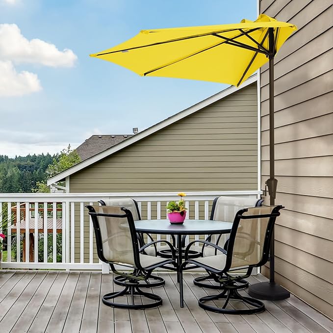 JEAREY 9ft Half Umbrella Outdoor Patio Umbrella Market Umbrellas with Crank, 1/2 Round Wall Umbrella 5 Sturdy Ribs UV Protection for Pool Garden Balcony Deck, Yellow