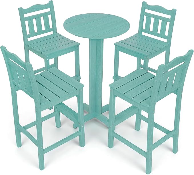5-Piece Outdoor Bar Set, HDPE Adirondack Bar Height Chairs Set of 4 and Round Pub Table, All Weather Outdoor Patio Bar Furniture for Bistro, Deck, Balcony, Poolside (Aruba Blue)